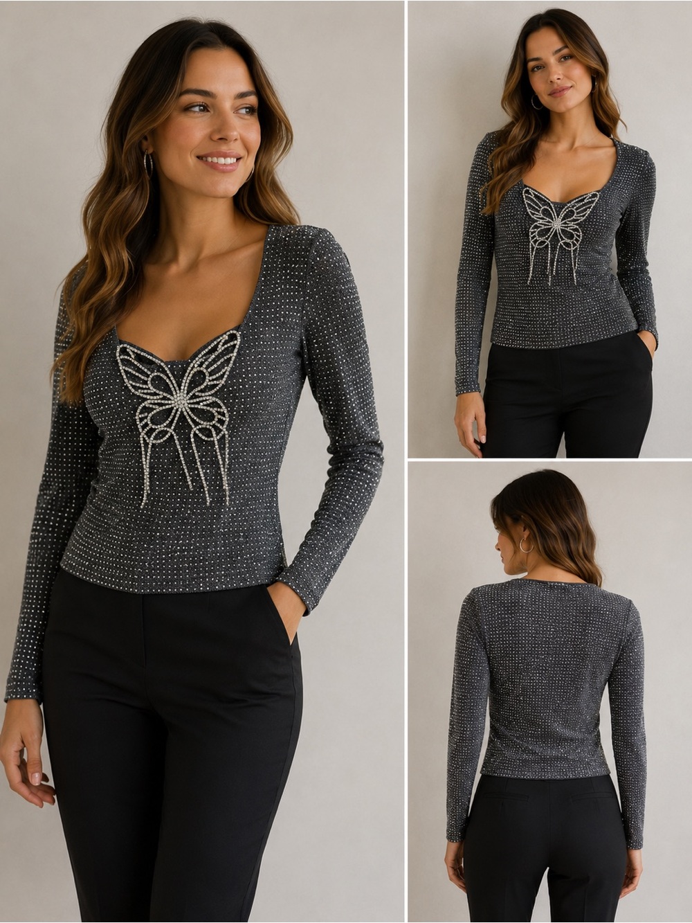 Pastel Rhinestone Butterfly Glitter Long Sleeve Evening Top size L